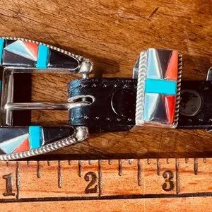 Zuni Inlaid Sterling Ranger Set, SIGNED Coonsis, Native American, Maida’s Belt Native American Museum Vintage Zuni Turquoise Inlay Sterling  main image 4